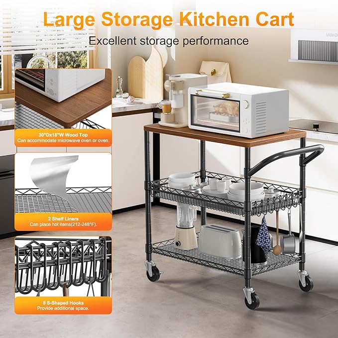 NTE Rolling Kitchen Carts on Wheels, 650Lbs Capacity 3 Tier Utility Cart with Wood Tabletop, Kitchen Storage Cart with 8 Hooks, Metal Serving Cart with Handle and Shelf Liners for Kitchen, Black
