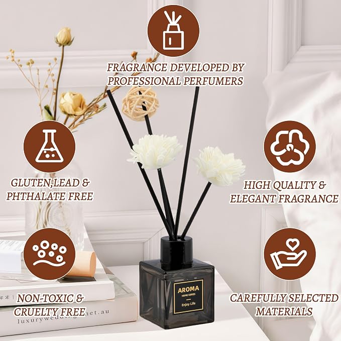 Black Glass Bottle Scent Diffuser, 1.7 oz Reed Diffuser with Sticks, Home Fragrance for Bookshelf, Bedroom Vanity, Office Desk & Bathroom Decor, Air Freshener for Aesthetic Room Decor (Rose)