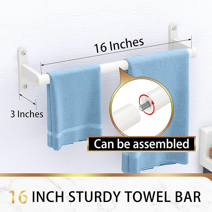 White Towel Bar 16 Inch, KLJKPA Towel Bar for Bathroom Wall Hanging Bath Towels, Stainless Steel Heavy Duty Single Towel Rod