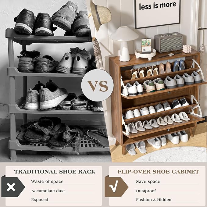 Fsbecl Shoe Storage Cabinet for Entryway with 2 Flip Drawers, Narrow Wood Shoe Cabinet with Fluted Panel, Freestanding Hidden Shoe Organizer for Foyer, Hallway (Walnut)