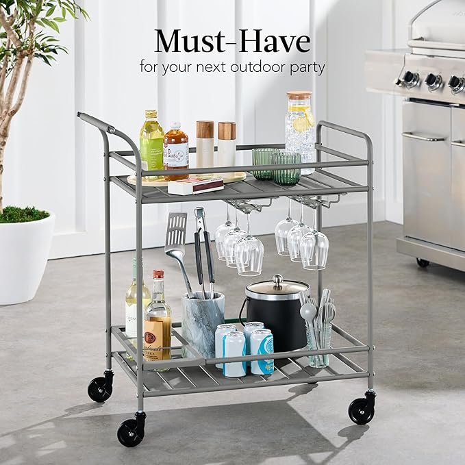 Best Choice Products Rolling Bar Cart, Mobile Home Bar Serving Cart, Serving Station w/ 2 Tier Shelves, Wine Rack, Lockable Wheels - Gray