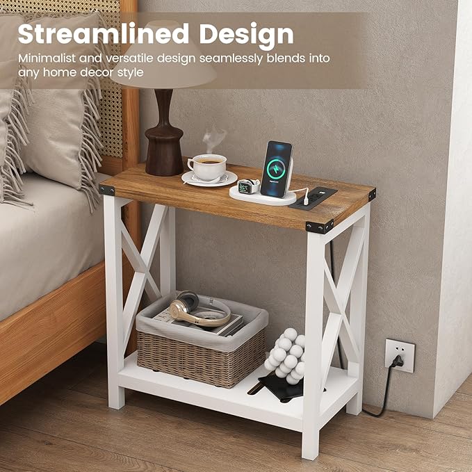 Hadulcet Farmhouse End Tables Living Room Set of 2, Narrow Side Table with Charging Station, Slim Nightstand for Small Space, Skinny Bedside Table, Sofa Side Table with Storage Shelf, White & Brown