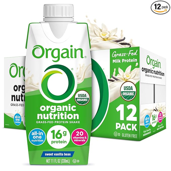 Orgain Organic Nutritional Shake, Vanilla Bean - Meal Replacement, 16g Protein, 20 Vitamins & Minerals, Gluten Free, Soy Free, Kosher, Non-GMO, 11 Ounce, 12 Count (Packaging May Vary)