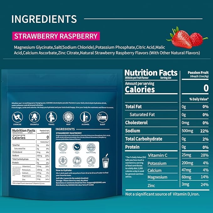 30 Sticks Electrolyte Powder Packets Sugar Free Hydration Packets Electrolytes Drink Mix for Rapid Hydration, Strawberry & Raspberry Flavor