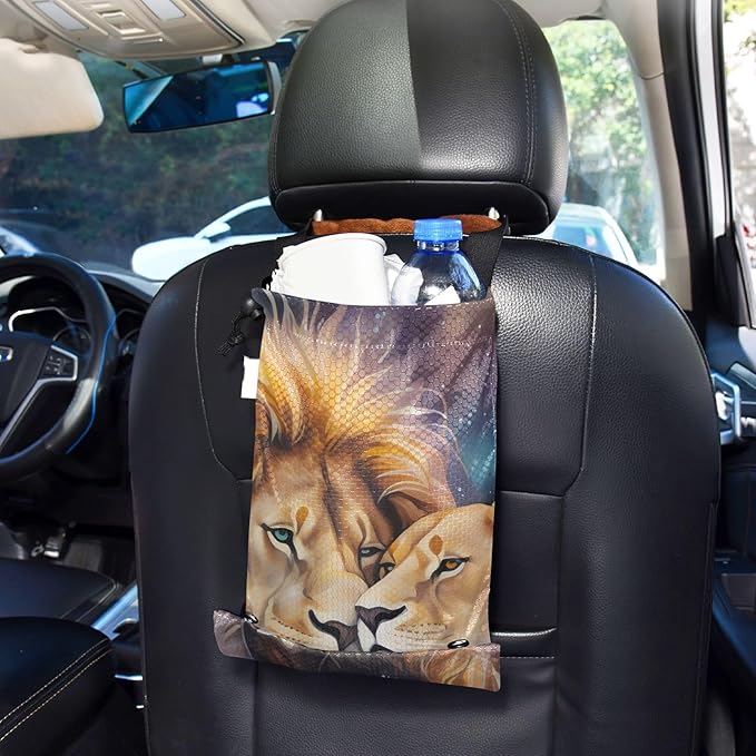 ALAZA Hanging Car Trash Bags Garbage Bag Trash Can for Back Seat Small Lion 2 Washable Storage Bag Retractable 2 Pack