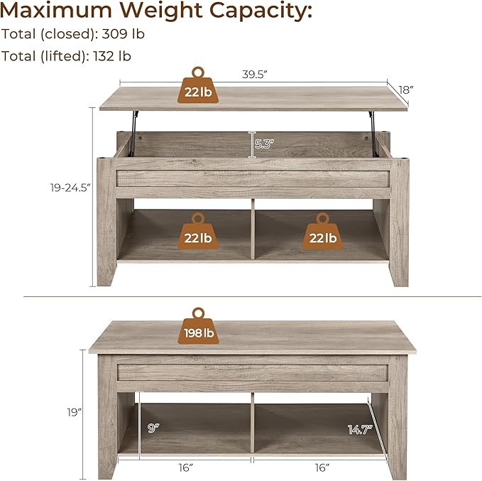 Yaheetech Lift Top Coffee Table, Coffee Table with Hidden Storage Compartment & Lower Shelf, 39.5in Center Table for Living Room, Office, Grey