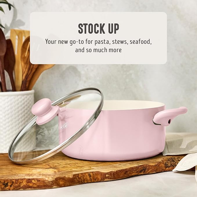 GreenLife 5 Quart Nonstick Stock Pot with Lid, Non-Toxic Ceramic Pot, Dishwasher Safe, Induction Ready, Fast Heating, Stay-Cool Handles, Kitchen Casserole, Soup, Pasta, Easy Clean, Blush Pink