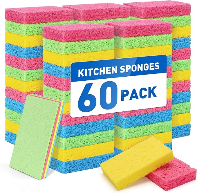 60 Pack Compressed Cellulose Sponges, Non Scratch Kitchen Sponge for Cleaning, Multipurpose sponges Bulk for Kitchen, Bathroom, DIY