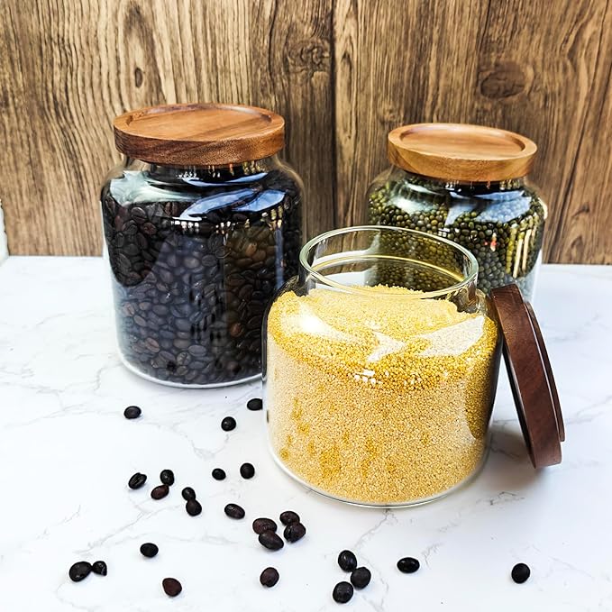 1PC Glass Storage Jars with Airtight Lids, 54 fl oz (1600ml) coffee container with Wooden Lid, Glass Pantry Canister for Beans, Rice, Sugar and etc