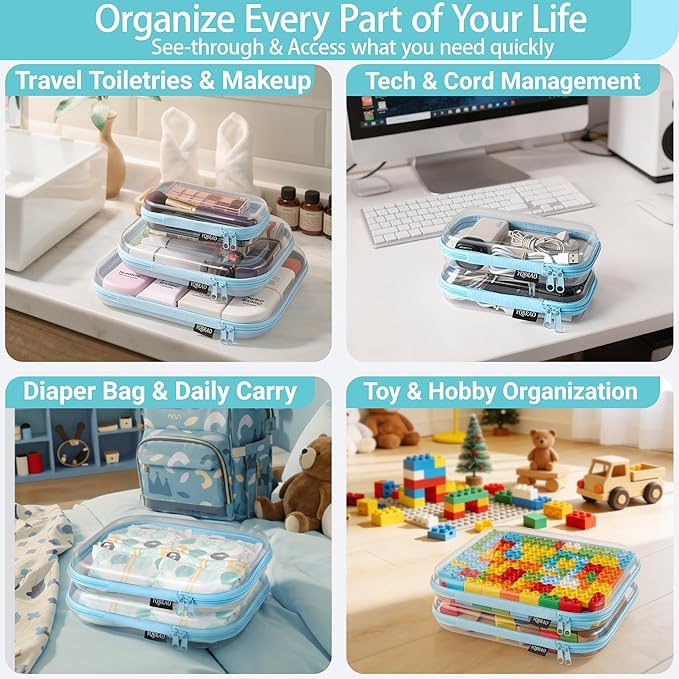 YQBRAO 4-Pack Clear Diaper Bag Organizer Pouches, 1.2mm Ultra-Thick PET Travel Pouches for Toiletries & Makeup, Rigid Self-Standing Bags with YKK Zippers, TSA Approved (Blue)