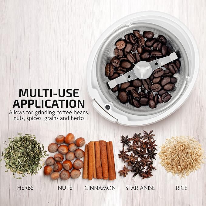 OVENTE Electric Coffee Grinder, Coffee Mill and Spice Grinder with 2.5oz Capacity, 150W Motor, One Touch Push-Button & Stainless Steel Blades for Uniform Grinding of Beans, Herb or Nuts, White CG225W