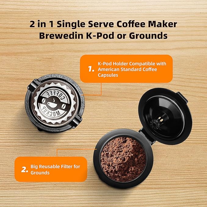 Mini Single Serve Coffee Maker for K Cup Pods and Ground Coffee, Fast Brew One Cup Coffee Machine with Descaling Reminder and Water Window, 6 to 12 oz. Brew Sizes, Gray
