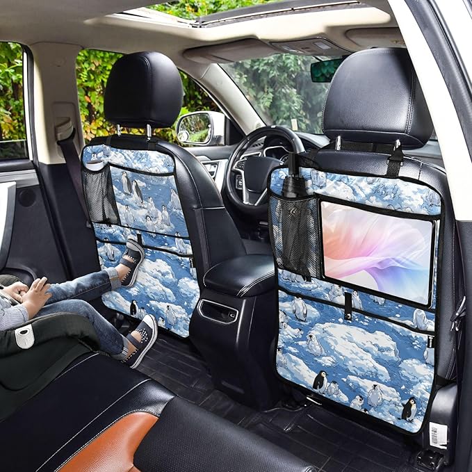 1 Pack Back Seat Car Organizer with Storage Pockets Kick Mats Back Seat Protector Hanging Car Organizer Automotive Seat Back Cover Organizers Blue Penguins Ice Flowers Snow