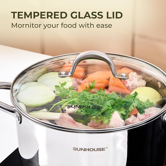 Sunhouse Stock Pot with Lid - 16 QT Large Pot for Cooking Pasta, Soup, Spaghetti - Impact Bonding Base Big Stainless Steel Pots for Canning, Boiling - Oven Safe & Induction Compatible Cookware