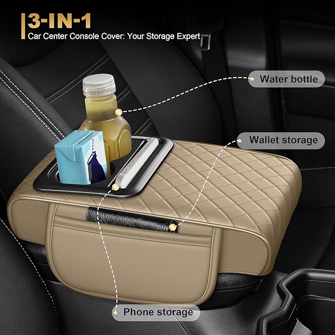 Center Console Cover for Civic: Armrest Cover for Car with 2 Storage Bags - Waterproof Leather Center Console Cover with Cup Holder for Car,Anti-Scratch Auto Armrest Pad Accessory （Beige