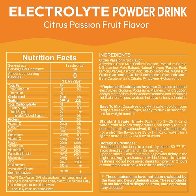 Electrolyte Powder Packets, Hydration Packets 20 Stick, Sugar Free Electrolytes for Rapid Recovery, Instant Electrolyte Powder Drink Mix with Yerba Mate Extract