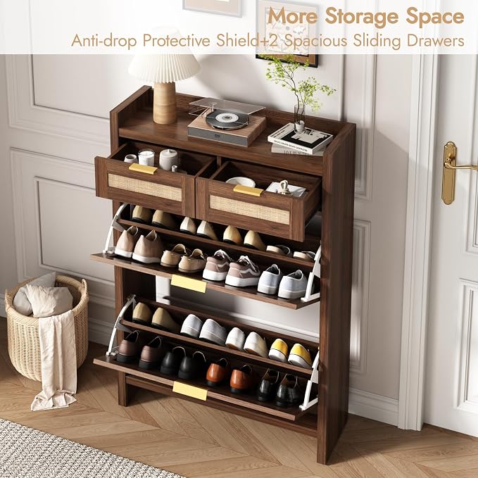HOKYHOKY Rattan Shoe Storage Cabinet with 2 Drawers & 2 Flip Drawers – Hidden Slim Shoe Organizer for Entryway, Large Tabletop Space, Farmhouse Boho Narrow Shoe Rack, Walnut