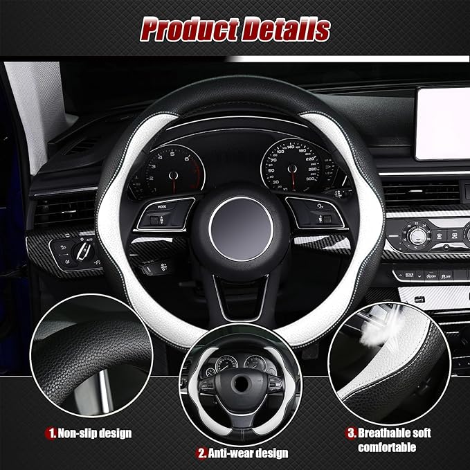 Steering Wheel Cover, Non-Slip Breathable Comfort PU Imitation Leather Cute Car Accessories for Women Girl, Universal Protector in All Season 15 inch Fit Most Car(White)