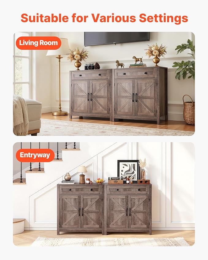 VEVOR Buffet Cabinet, Farmhouse Sideboard Cabinet with Drawer, Coffee Bar Cabinet with 2 Barn Door, Sideboard Buffet Station for Living Room, Entryway, Kitchen, 29.5 x 14.7 x 31.5 in, Grey