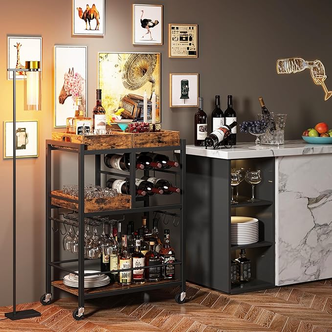 TUTOTAK Bar Cart, Home Bar Serving Cart, 3-Tier Kitchen Cart on Wheels, Rolling Beverage Cart with Wine Rack and Glass Holder, Brown BC01BB037