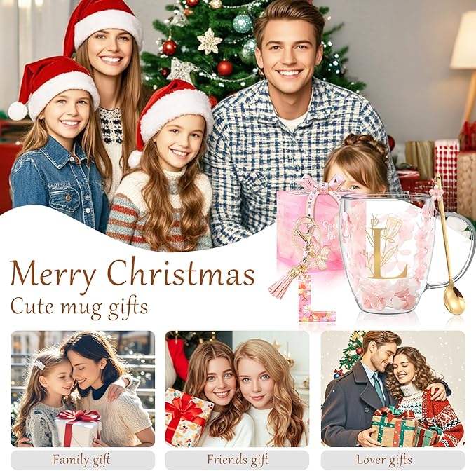 Personalized Gifts for Women Flower Double Wall Cute Novelty Monogrammed Glass Coffee Mug Tea Cup with Spoon Customized Wedding Favors Unique Birthday Christmas Gifts for Bride Wife Friends Sisters(L)