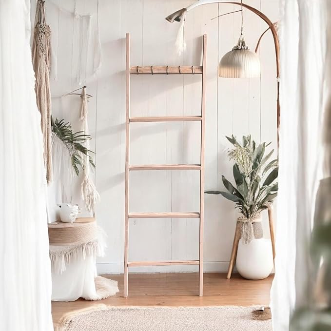 Emir&Odin Blanket Ladder – 5 Tier 60’’ inc Wooden Blanket Ladder, Living Room Home Decor, Wall Decorative Shelves, Livingroom Furniture (Rustic White)