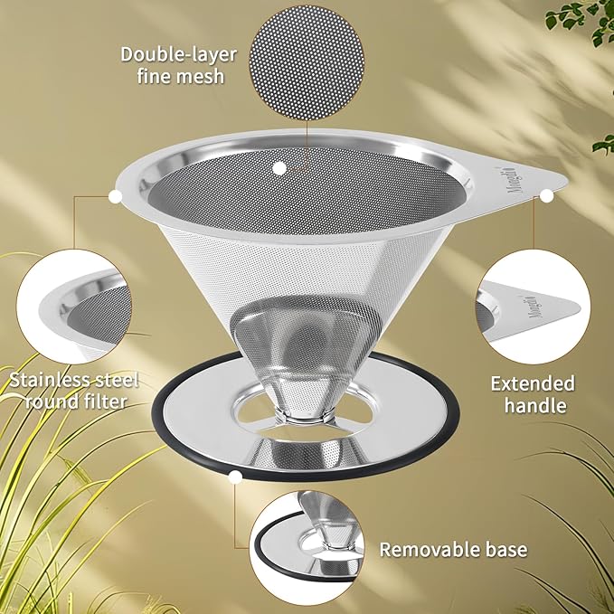 Mongdio Pour Over Coffee Dripper, Stainless Steel Coffee Dripper, Reusable Metal Coffee Filter, Double Mesh Design of Pour Over Coffee Maker with Removable Base, 1-4 Cups