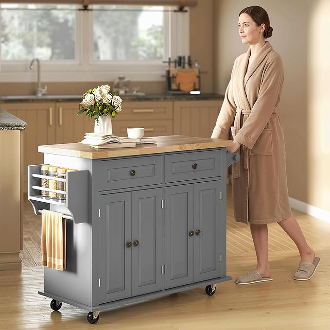 HOMCOM Kitchen Island Cart with Rubber Wood Top, Rolling Kitchen Island Table on Wheels with Drawers, Adjustable Shelves, Spice Rack and Towel Rack for Dining Room, Gray