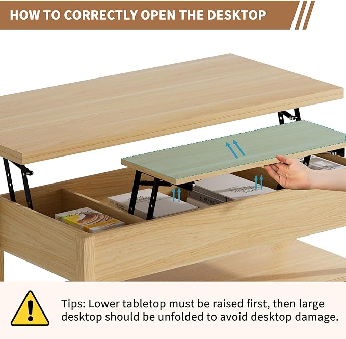 42'' Lift Top Coffee Table, 4-in-1 Multifunctional Lift Coffee Table with Storage & Hidden Compartments, Farmhouse Coffe Table with Lifting top for Living Room, Dining Reception Room, Wood