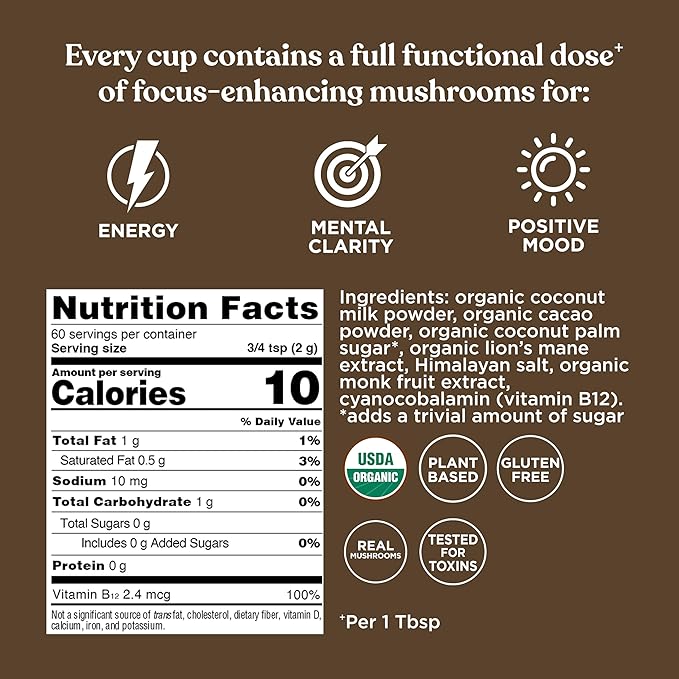 Four Sigmatic Focus Chocolate Coffee Creamer | Organic Non Dairy Coffee Creamer with Lion’s Mane and Vitamin B12 | Chocolate, 4.23 oz