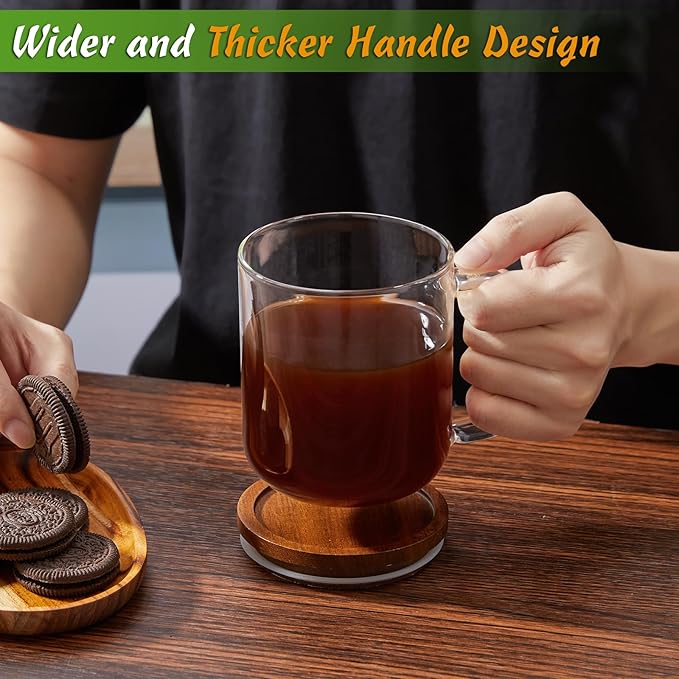 DRASTAR Glass Coffee Cups, 16 oz Coffee Mugs, Flat Bottomed Cups with Acacia Wood Lid, Glass Tea Cup with Handle, Clear Tea Cup Set of 2