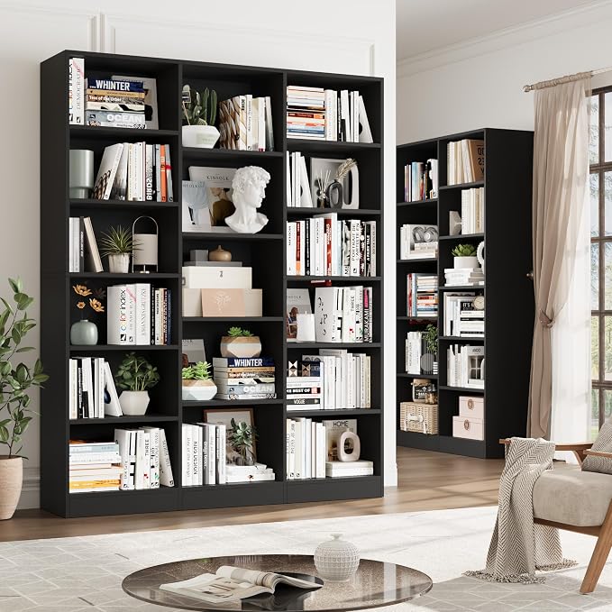 FACBOTALL Triple Wide Bookshelf, 6 Tier Large Bookshelf, Bookcase with 17 Open Display Shelves, 74'' Tall Bookcases and Bookshelves for Living Room, Home Office, Library, Black