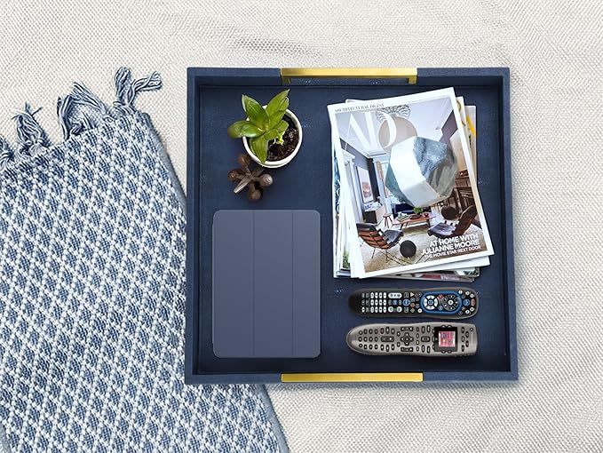 HofferRuffer Faux Leather Serving Tray with Gold Metal Handles, Stylish Decorative Tray Organizer for Coffee Table, Ottoman, Home Decor and Serving (Blue Shagreen, 18.9" x 18.9" x 2")