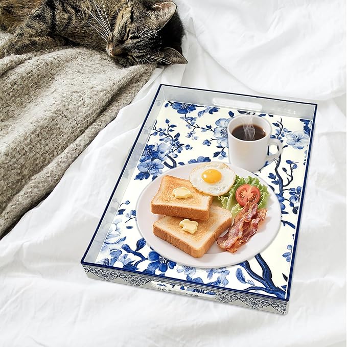 Serving Tray with Handles, 15.7 * 11.8 inches, Plastic Ottoman Tray with Exquisite Paintings, Trays for Coffee Table