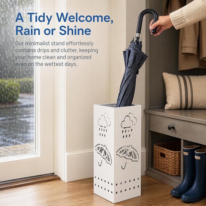 BEWBBAT Metal Umbrella Stand for Entryway, 6 x 6 x 17 Inch White Square Umbrella Organizer Bin, Free Standing Umbrella Holder,Walking Sticks, Home Office Decor