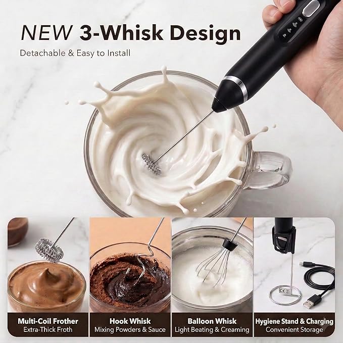 Handheld Milk Frother Wand for Coffee，Rechargeable Drink Mixer, 30dB Ultra Quiet with 3 Adjustable Speeds & 3 Whisks For Cappuccino, Hot Chocolate, Egg，Protein powder