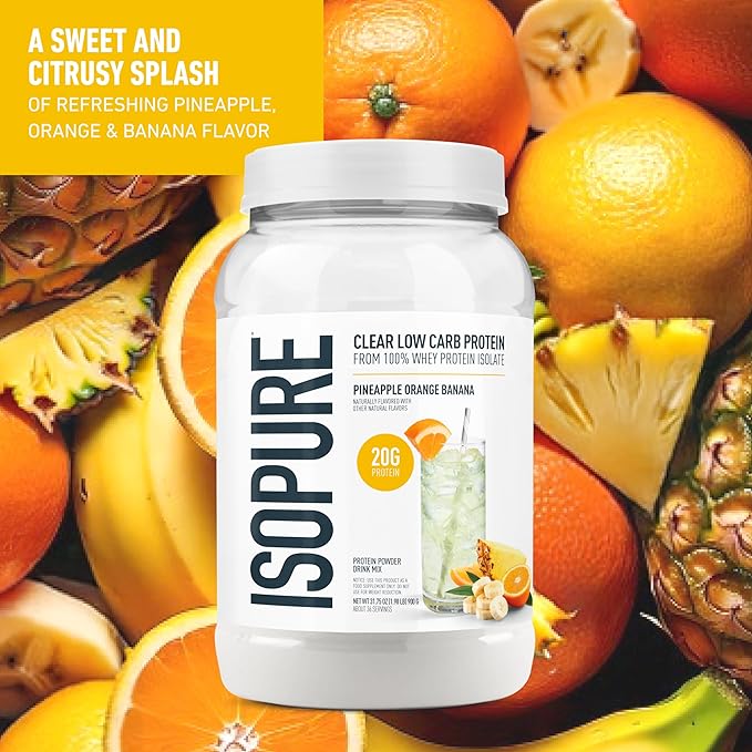 Isopure Clear Whey Isolate Protein Powder, Lactose Free, Gluten Free, Naturally Flavored, Pineapple Orange Banana, 20g Protein Per Serving, 1.9 Lb, 36 Servings (Packaging May Vary)