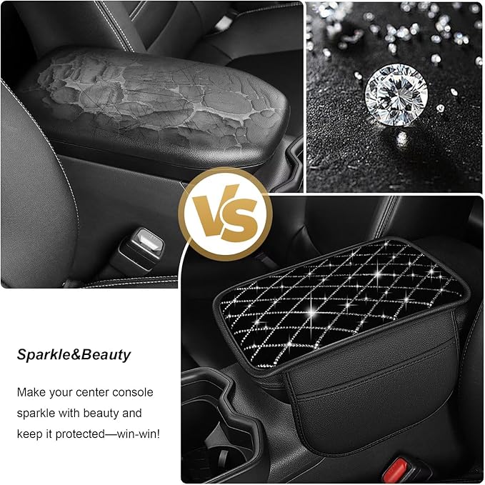 Bling Center Console Cover with 2 Side Pockets Fit for 4Runner Multi-Functional Car Armrest Cushion Diamond-Studded Rhombus Pattern Style(Black&Silver Diamond)