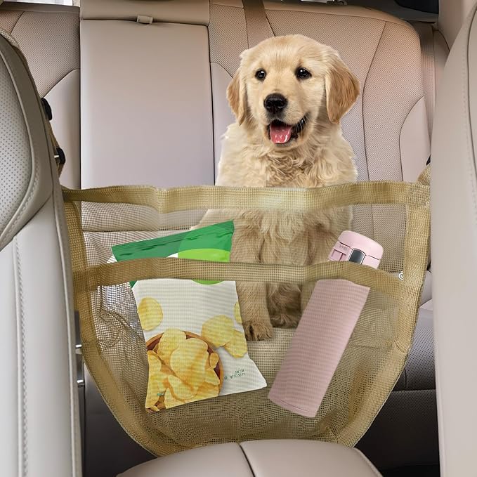 Car Mesh Organizer, Between Seat Car Organizer, Barrier of Backseat Pet Kids, Universal Car Interior Accessories Net Pocket Vehicle Mesh Organizer Suitable for Most Cars, SUVs (Dark Khaki)