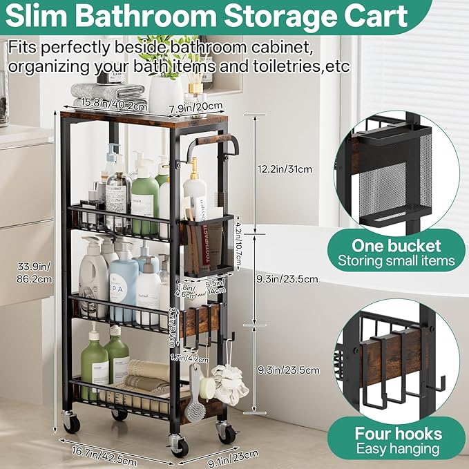 Slim Rolling Storage Cart, 4 Tier Small Organizer Cart with Wheels, Metal Utility Shelf Kitchen Bathroom Laundry Room Organization Trolley with Handle for Narrow Space (9.1" Overall Width)
