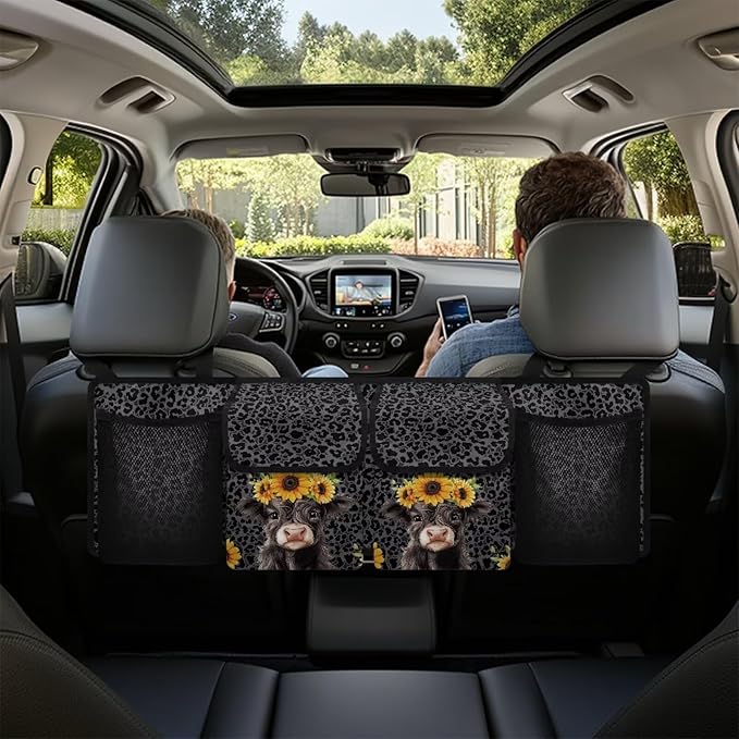 Sunflower Highland Cow Car Trunk Organizer Black Leopard Print Hanging Cargo Storage Bag Large Capacity Car Organization