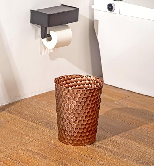 Venalys Small Metal Trash Can Wastebasket, Decorative Honeycomb Garbage Can Waste Basket, Modern Farmhouse Round Trash Bin for Bathroom, Bedroom, Kitchen and Office (Copper)