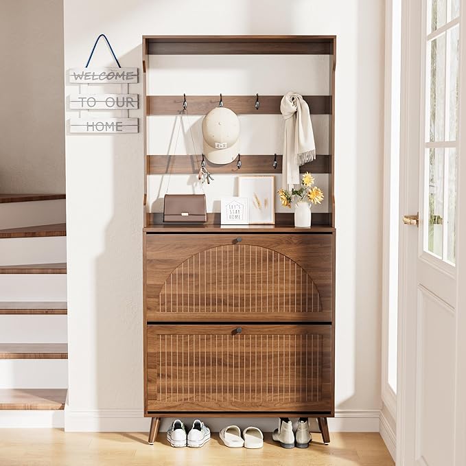 Fsbecl Shoe Cabinet for Entryway with 2 Flip Drawers & Coat Rack, Narrow Hidden Shoe Storage Cabinet with Fluted Panel, 2-in-1 Hall Tree Slim Freestanding Shoe Rack Organizer for Hallway, Walnut