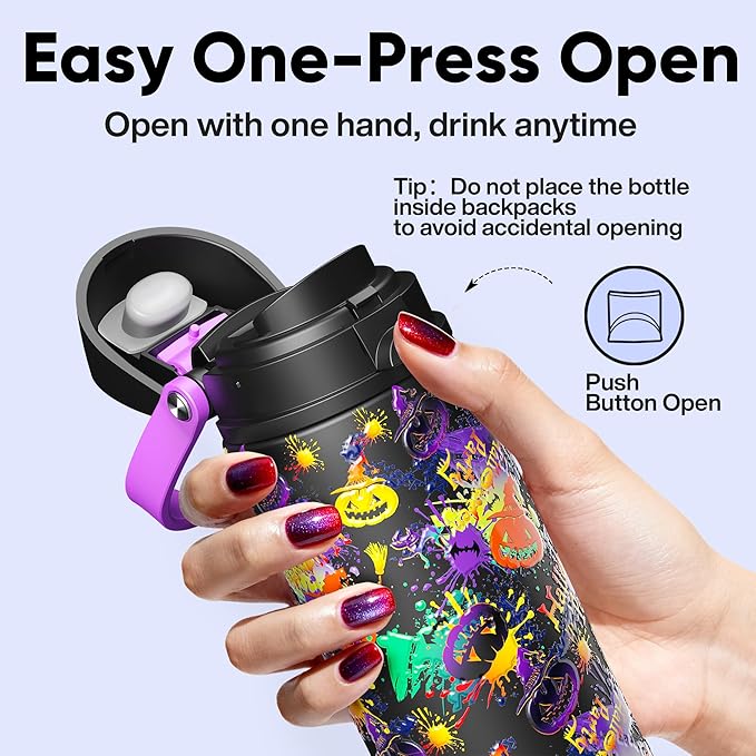 Insulated Water Bottle with Straw - Encool Stainless Steel Water Bottle with Push Button Lid, Leak-Proof & BPA-Free, Keeps Cold for 24 Hours for Sports, Travel, Gym (24 oz, Ghost Party)