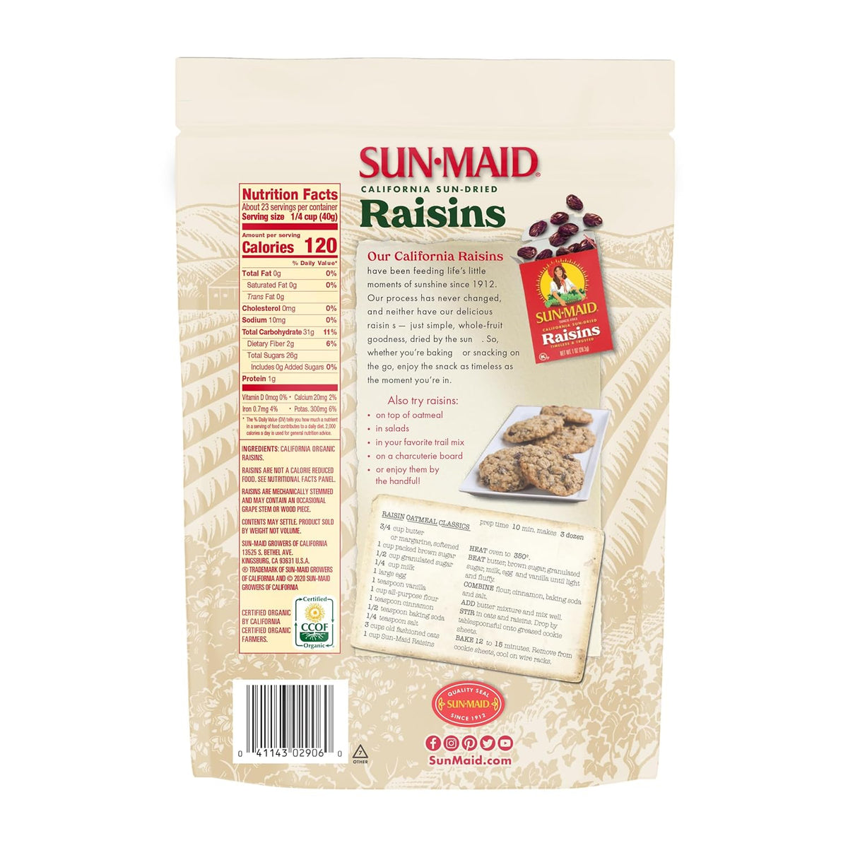 Sun-Maid Organic California Sun-Dried Raisins - 32 oz Resealable Bag - Organic Dried Fruit Snack for Lunches, Snacks, and Natural Sweeteners