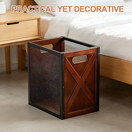 Rustic Office Trash Can - Rectangular Waste Basket with Iron Mesh, 4.5 Gallon Wooden Garbage Can, Bathroom Garbage Bin with Handles, Decorative Trash Can for Home Office Bedroom
