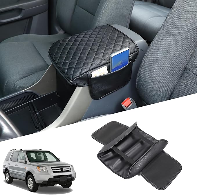 Center Console Armrest Cover for Honda Pilot 2003 2004 2005 2006 2007 2008 Accessories, Leather Armrest Lid Cushion Pad, Armrest Seat Box Cover Mat with Pockets (Black)