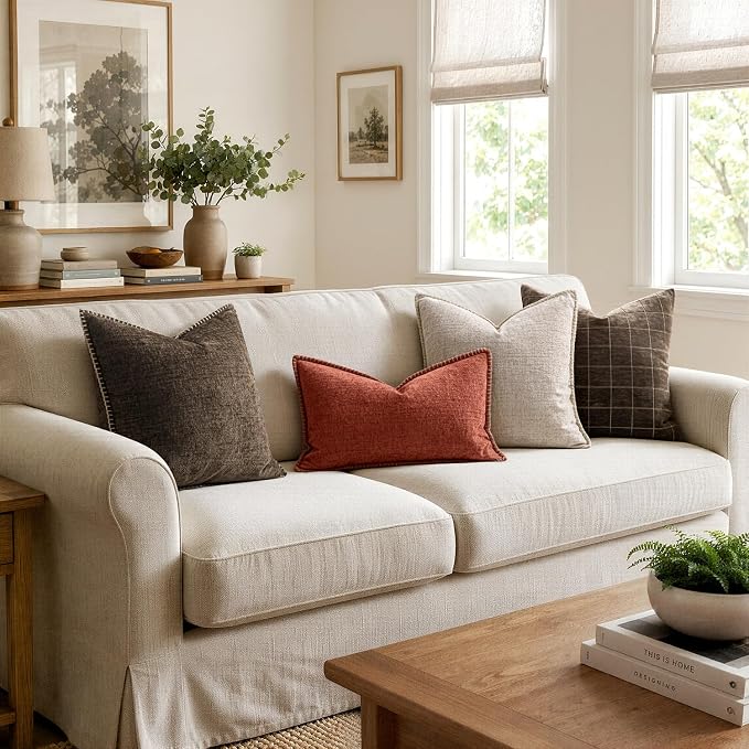 MIULEE Pack of 2 Lumbar Throw Pillow Covers 12x20 Inch Brown Farmhouse Decorative Pillow Covers with Stitched Edge Soft Chenille Solid Dyed Pillow Covers for Couch Sofa Bed Living Room