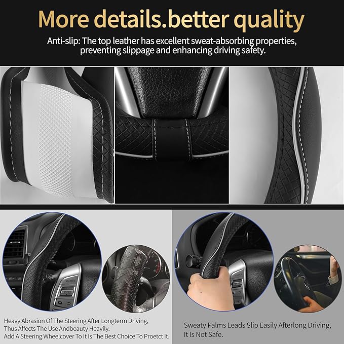 Leather Car Steering Wheel Cover,Anti-Slip, Safety,Soft, Breathable, Heavy Duty,Thick,Full Surround, Sports Style,Universal Car Accessories for Women Men Fit 14" 1/2-15"(Black with Gray line)