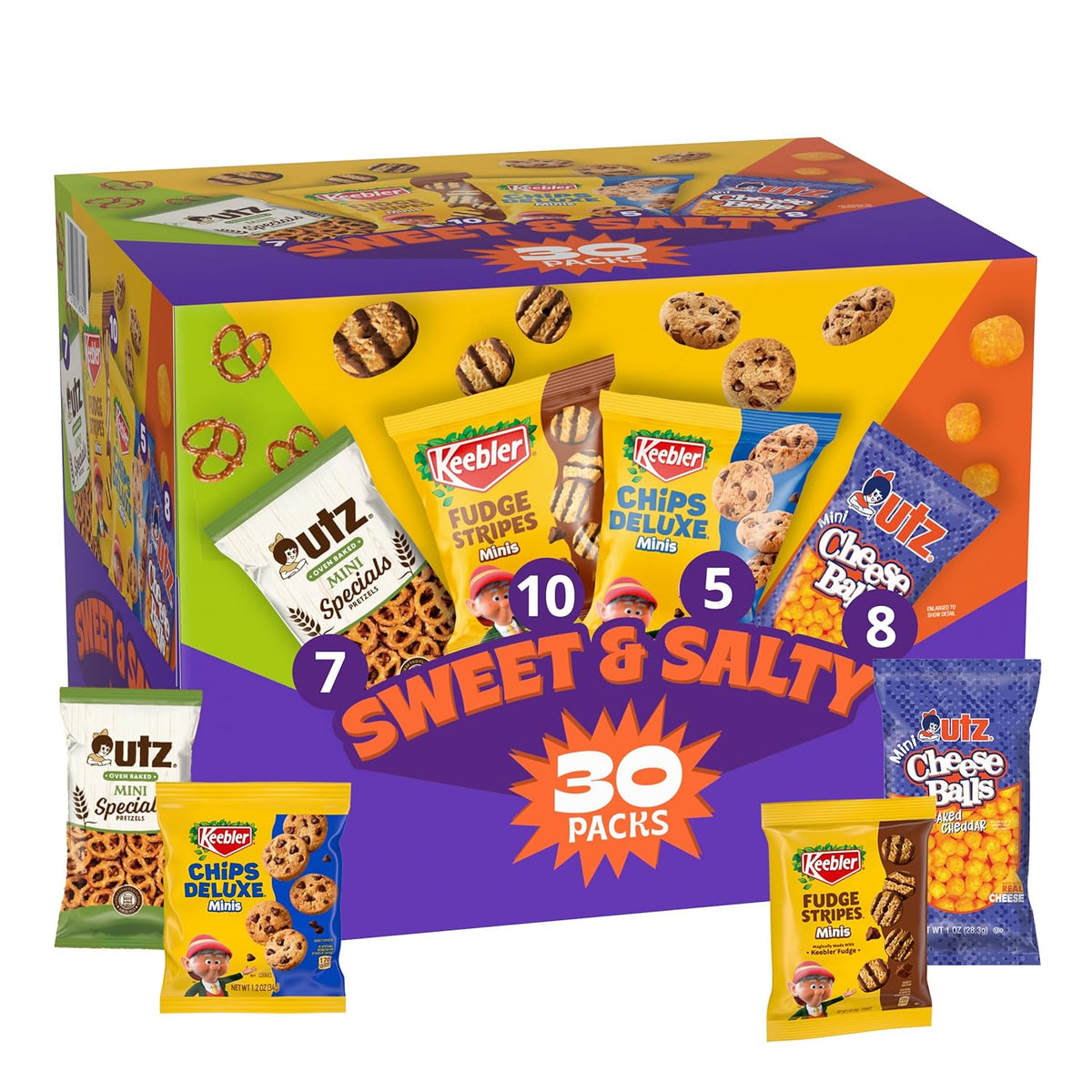 Keebler Sweet & Salty Variety Pack, 30-Count Box, Includes Keebler Chips Deluxe, Fudge Stripes, Utz mini Pretzels and Cheese Balls, 31 oz